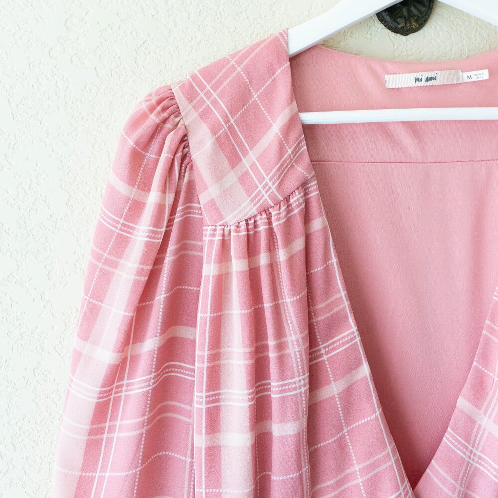 Mi Ami Pink Plaid Wrap Dress Womens M Ruffle Hem Midi Cottagecore Puff Sleeve - Picture 3 of 13